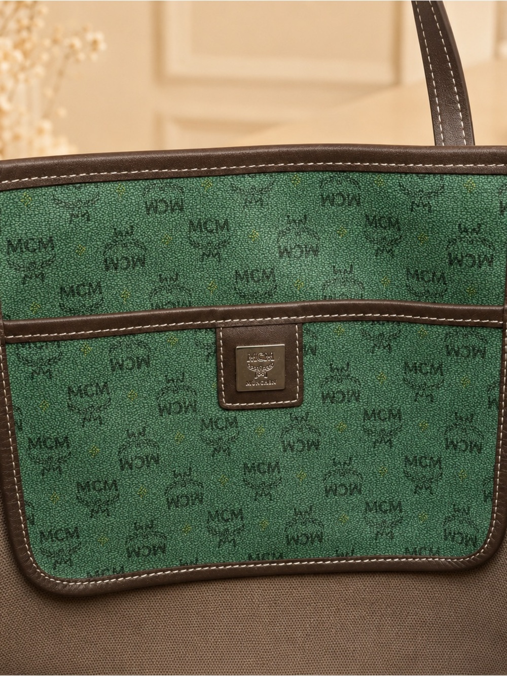 MCM Green Logo Canvas Tote with Brown Leather Handles - Picture 7 of 9